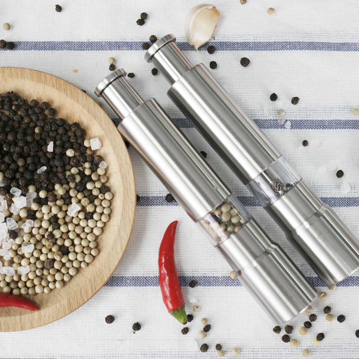 Pepper Grinder, Salt Mill, Stainless Steel Manual Press Sleek Pepper Grinder